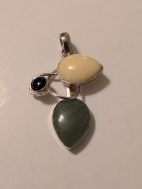 Silver Green Jade, Yellow Amber & Black Onyx Teardrop Pendant